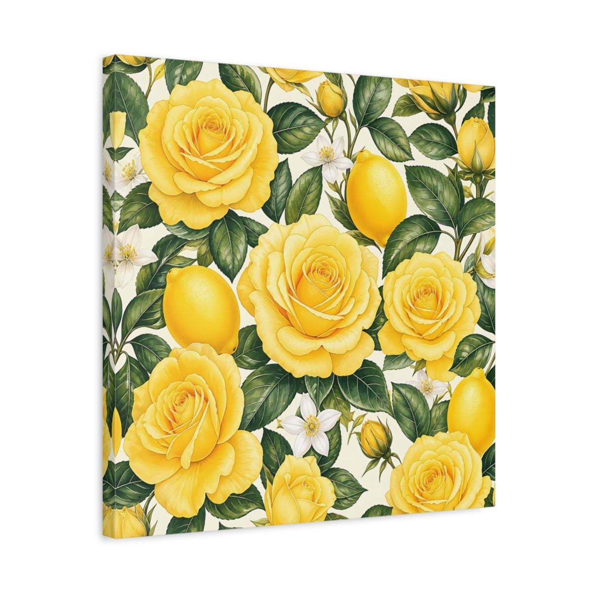 Side Mockup 5. Floral Roses And Lemons Yellow Lemon Floral shown as stretched canvas wall art