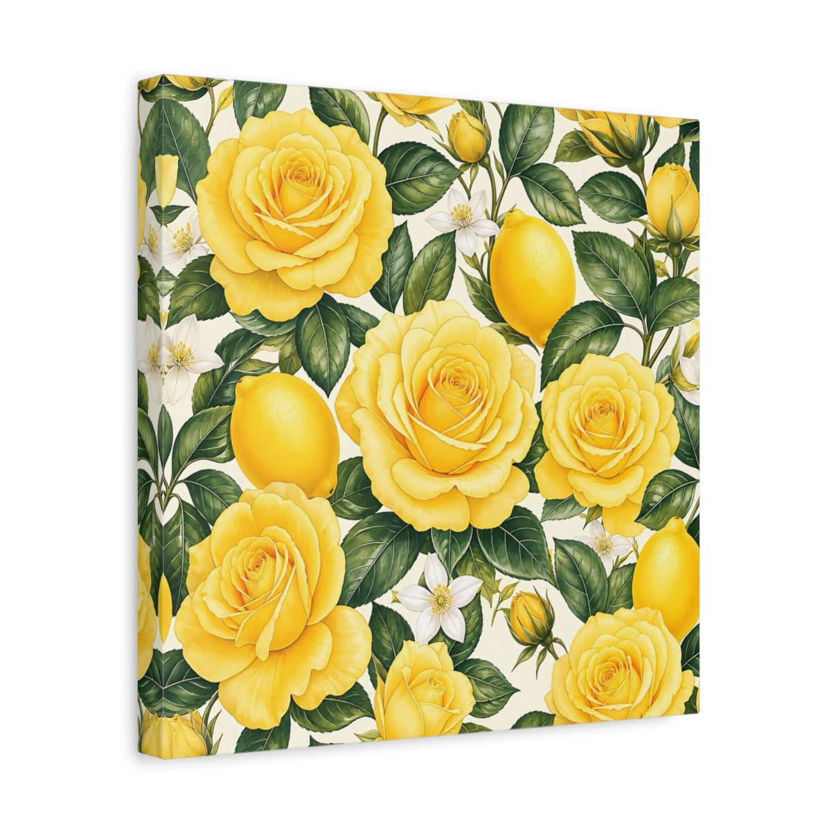 Side Mockup 7. Floral Roses And Lemons Yellow Lemon Floral shown as stretched canvas wall art