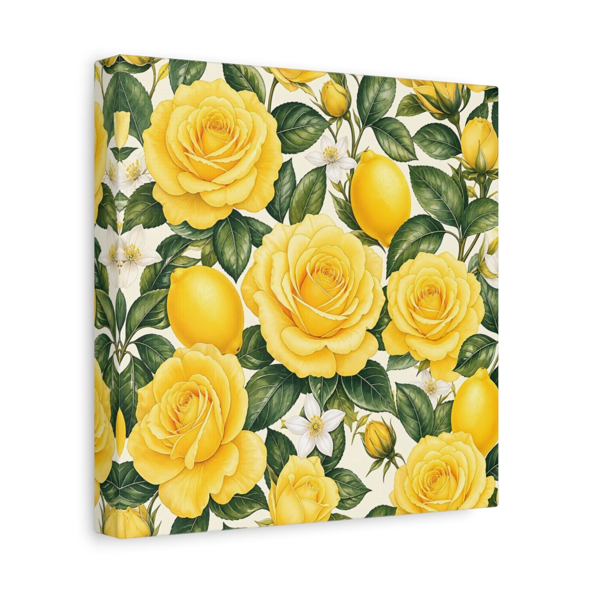Side Mockup 9. Floral Roses And Lemons Yellow Lemon Floral shown as stretched canvas wall art
