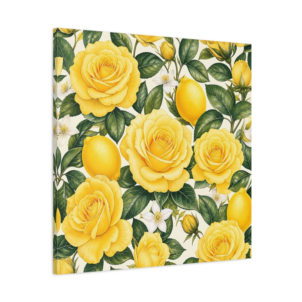 Side Mockup 3. Floral Roses And Lemons Yellow Lemon Floral shown as stretched canvas wall art