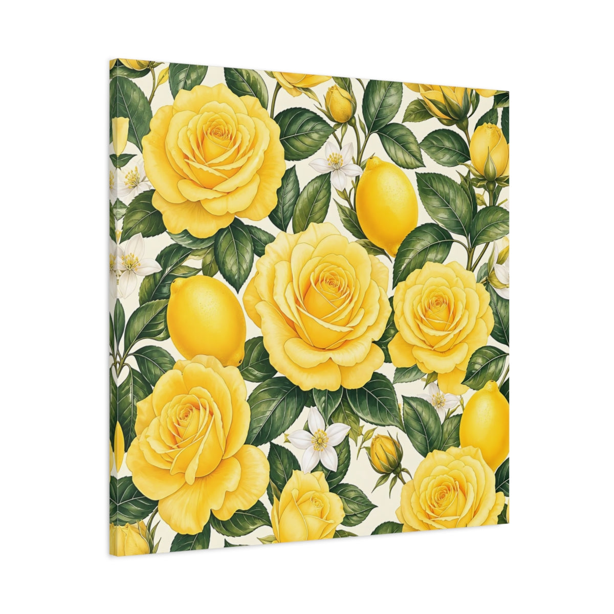 Main Mockup. Floral Roses And Lemons Yellow Lemon Floral shown as stretched canvas wall art
