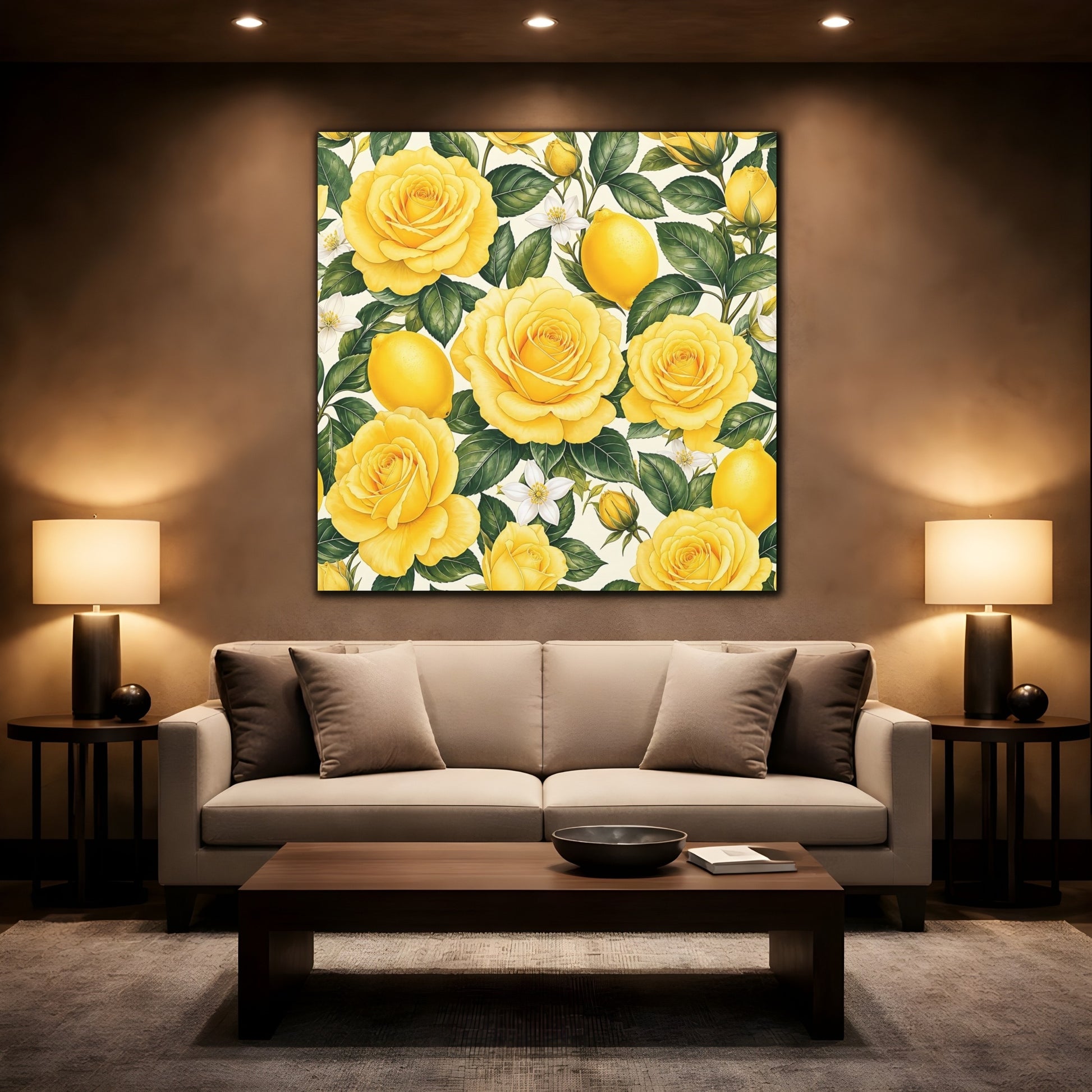 Mockup 2. Floral Roses And Lemons Yellow Lemon Floral shown as stretched canvas wall art