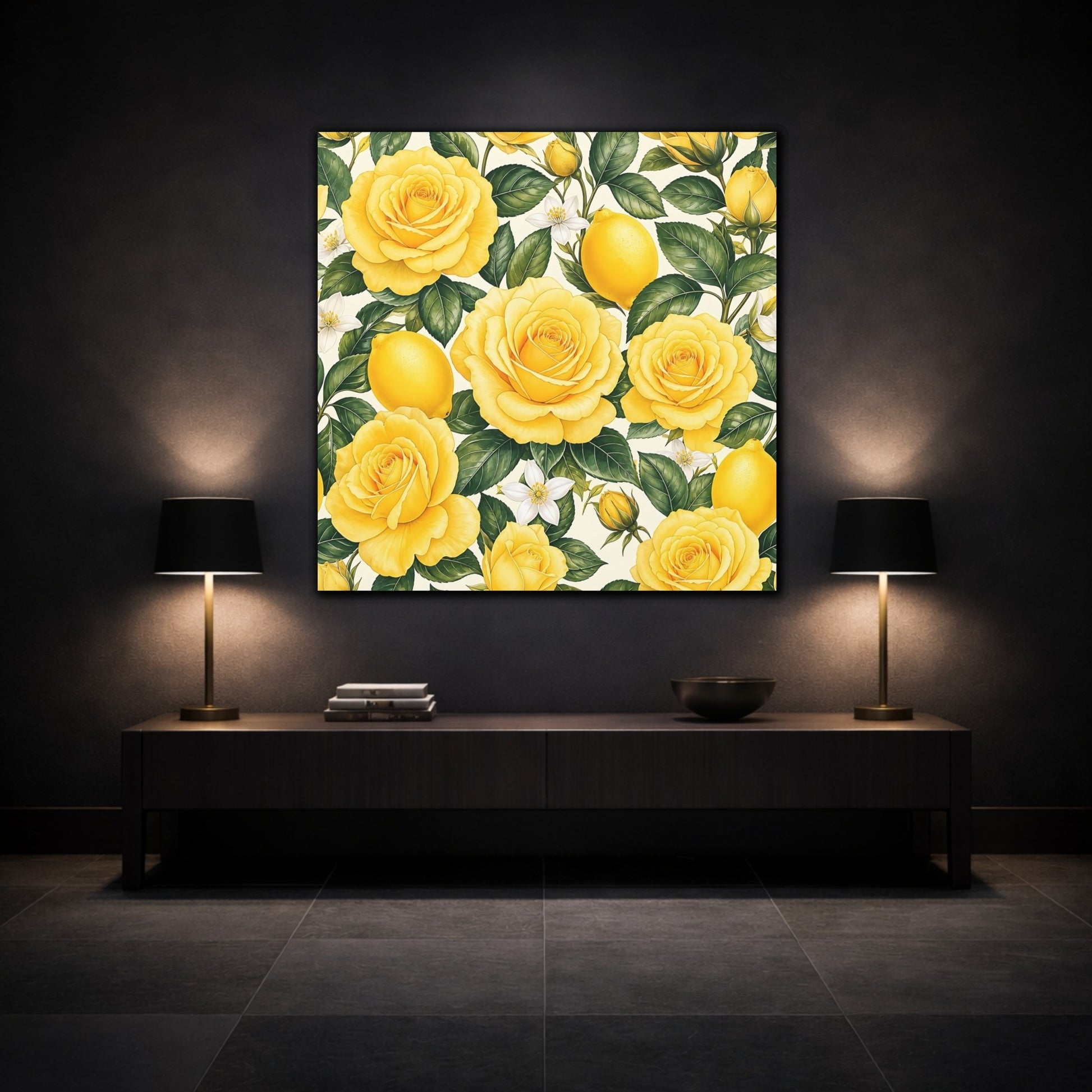 Mockup 3. Floral Roses And Lemons Yellow Lemon Floral shown as stretched canvas wall art