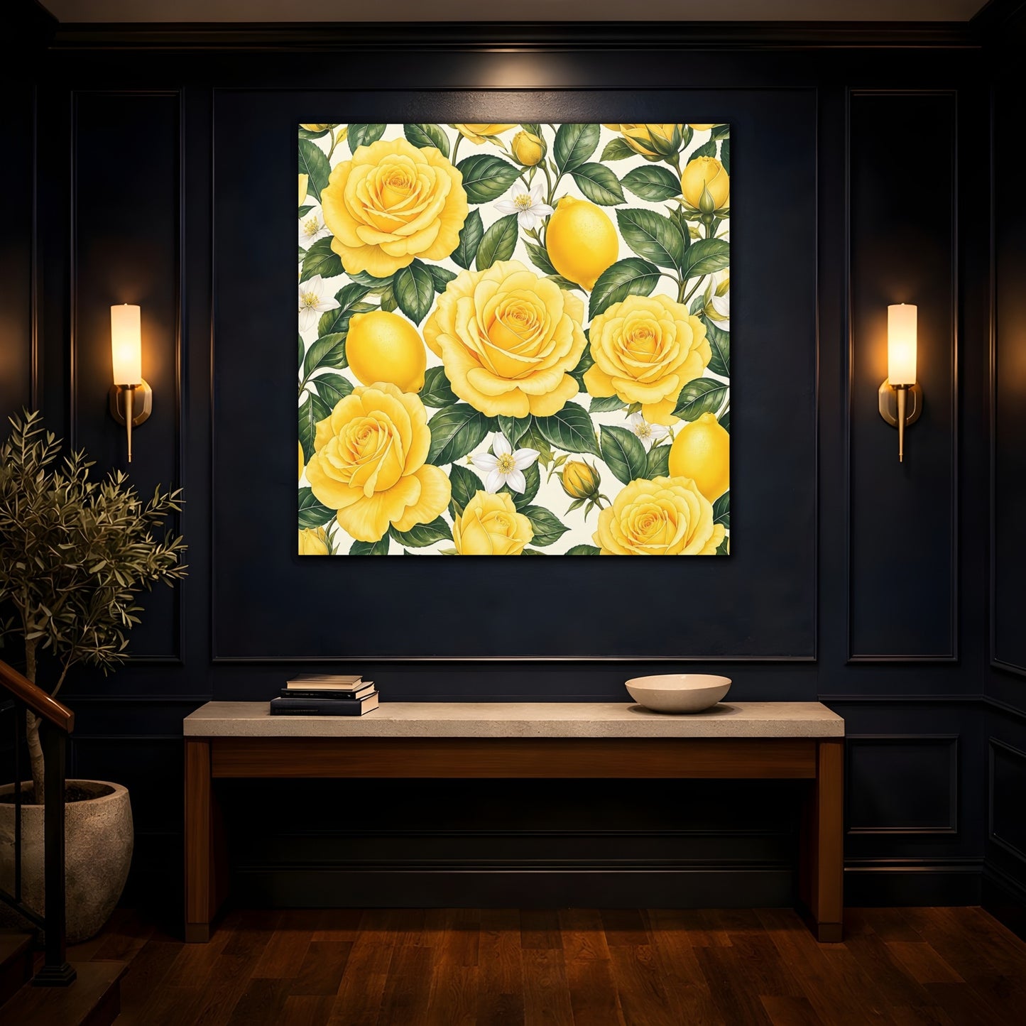 Mockup 4. Floral Roses And Lemons Yellow Lemon Floral shown as stretched canvas wall art
