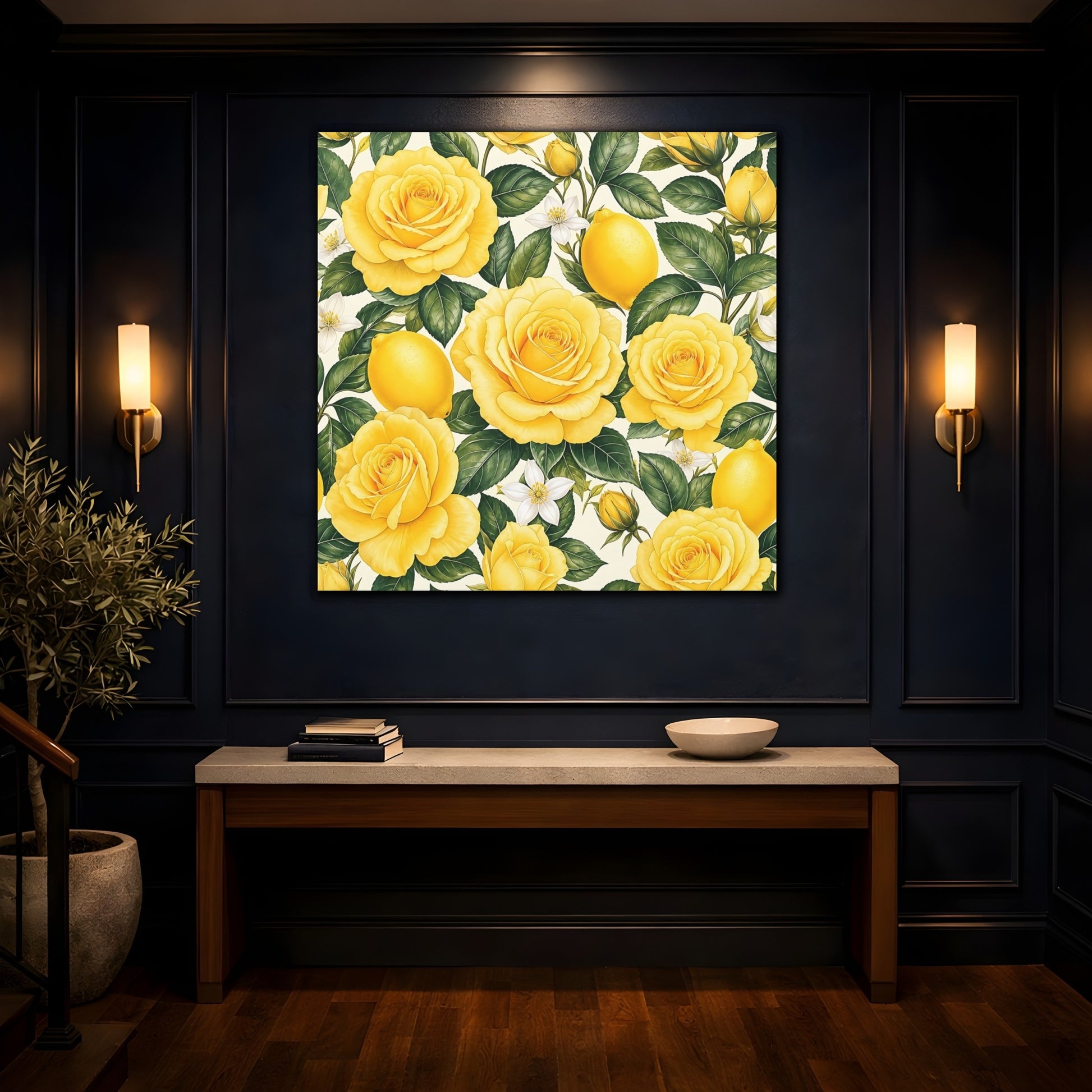 Mockup 4. Floral Roses And Lemons Yellow Lemon Floral shown as stretched canvas wall art