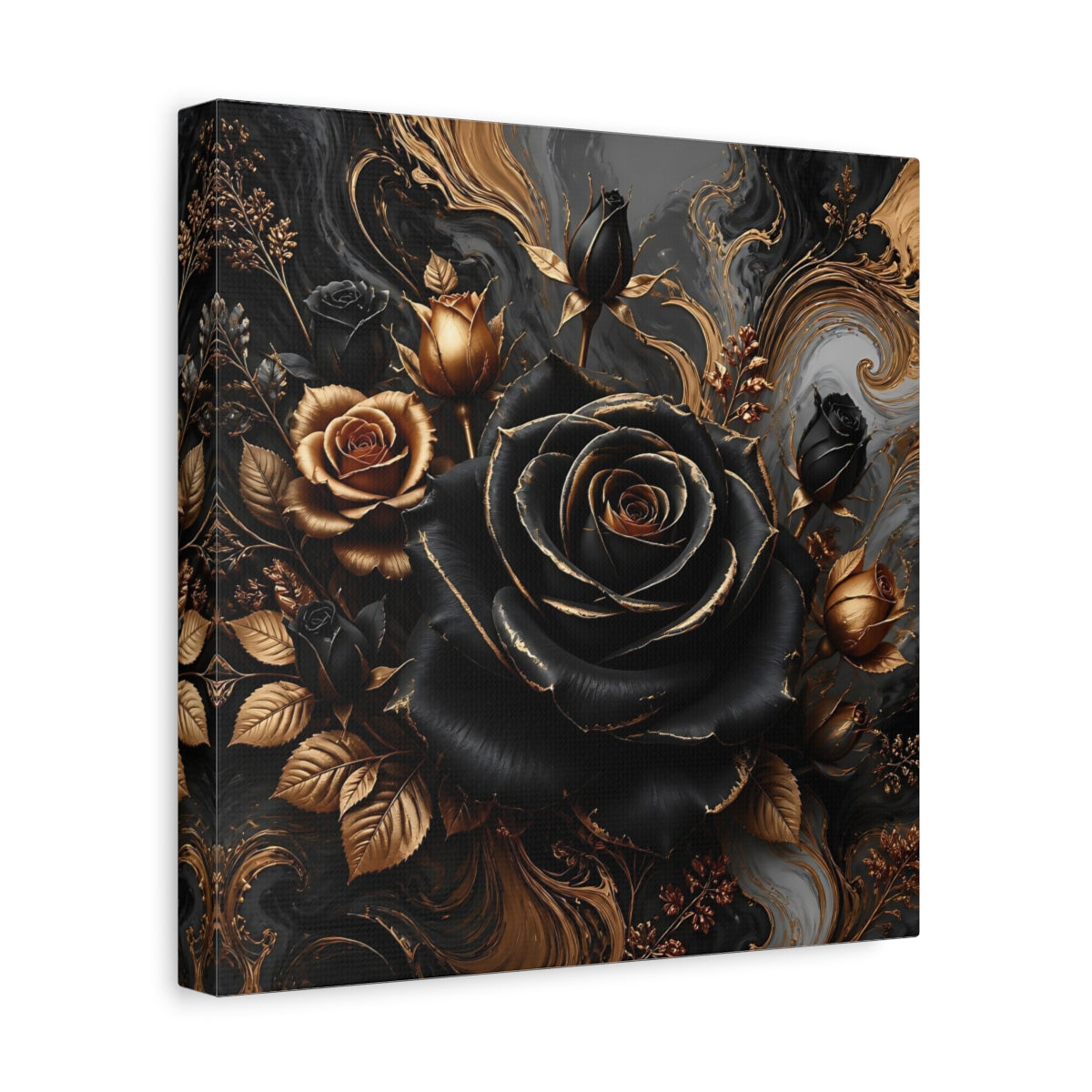 Side Mockup 8. Floral Roses Black Gold Floral shown as stretched canvas wall art