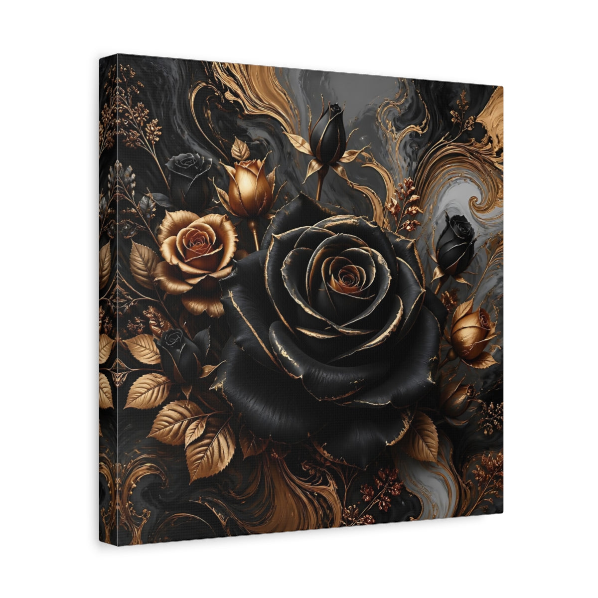 Side Mockup 7. Floral Roses Black Gold Floral shown as stretched canvas wall art