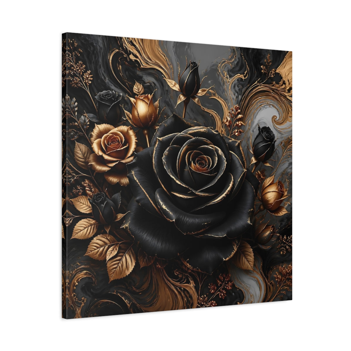 Side Mockup 3. Floral Roses Black Gold Floral shown as stretched canvas wall art