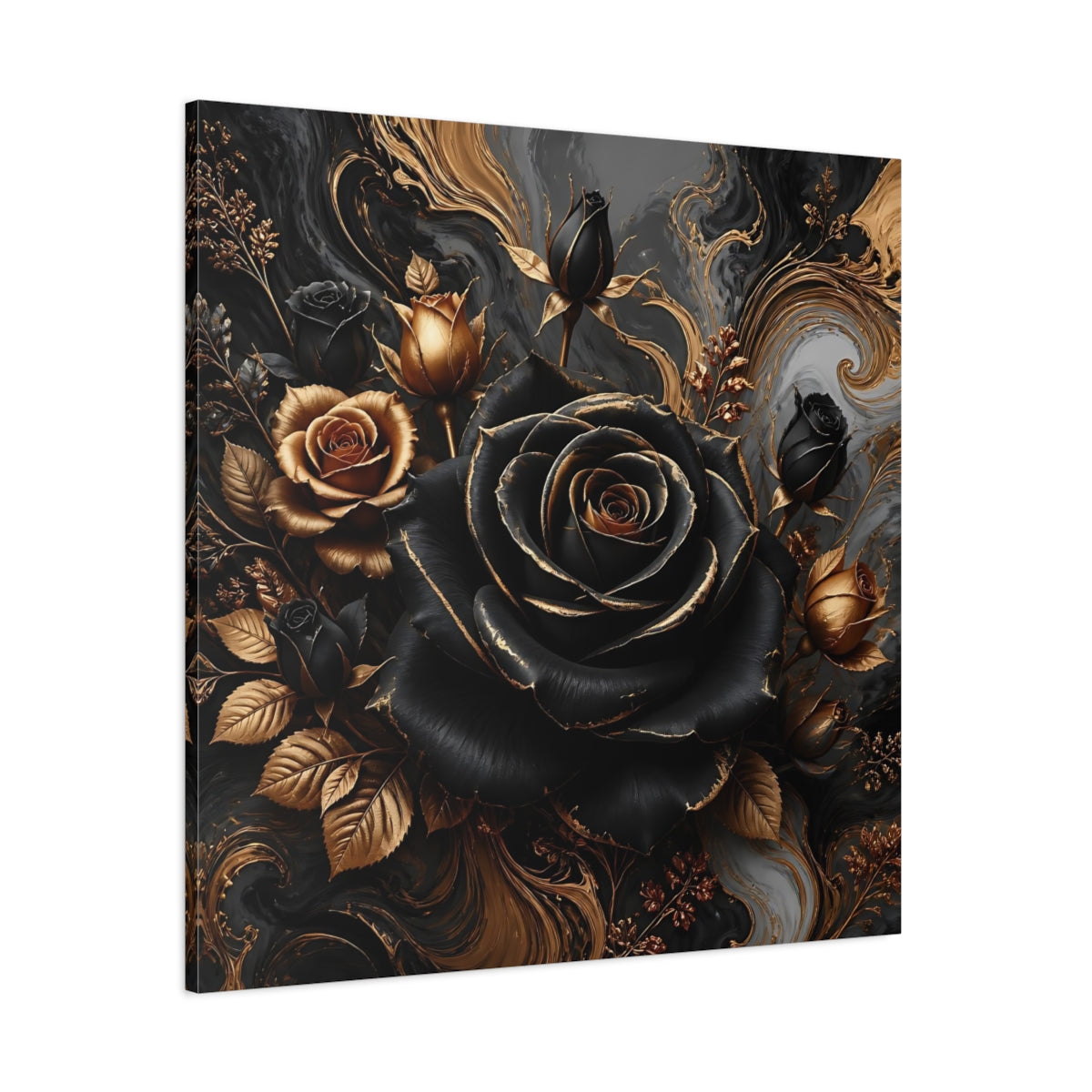 Side Mockup 1. Floral Roses Black Gold Floral shown as stretched canvas wall art