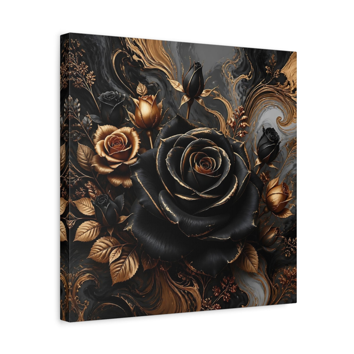 Side Mockup 6. Floral Roses Black Gold Floral shown as stretched canvas wall art