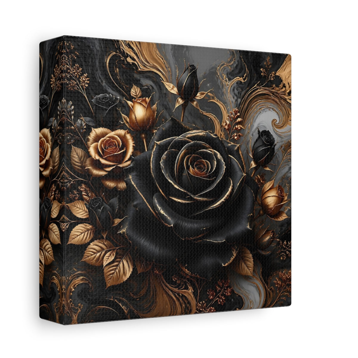 Side Mockup 2. Floral Roses Black Gold Floral shown as stretched canvas wall art