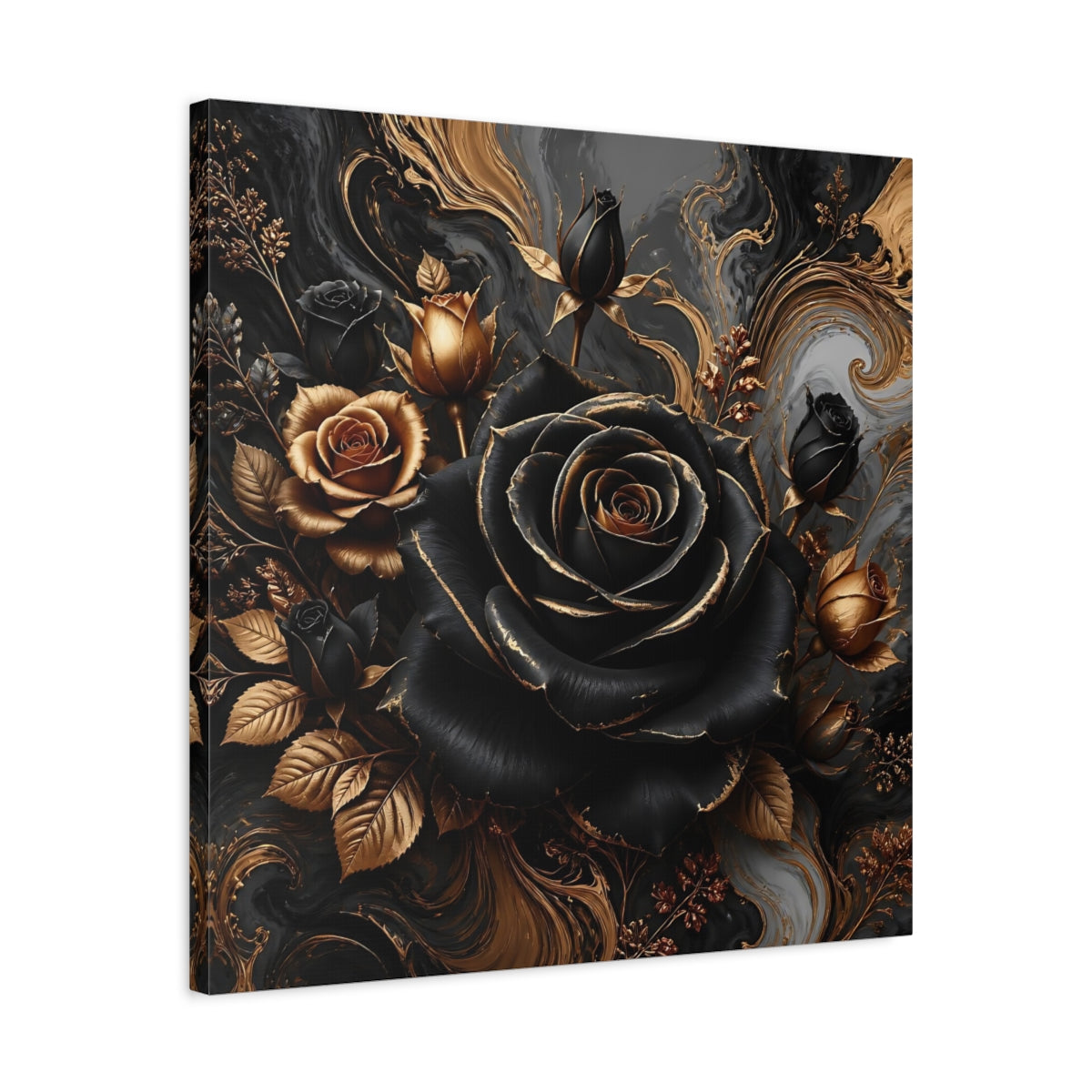 Side Mockup 4. Floral Roses Black Gold Floral shown as stretched canvas wall art