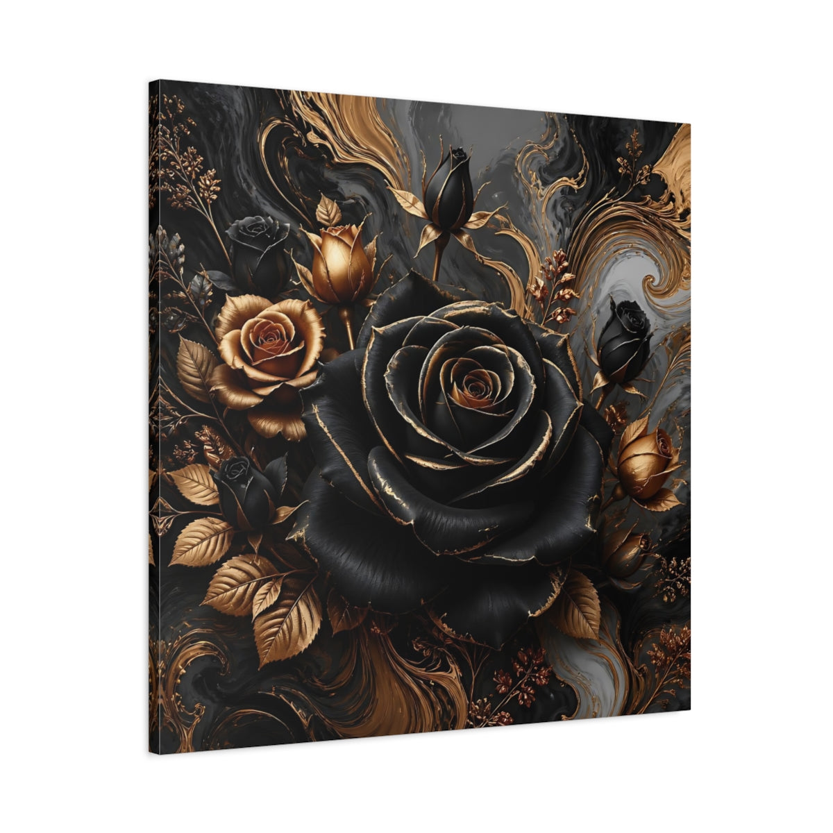 Main Mockup. Floral Roses Black Gold Floral shown as stretched canvas wall art