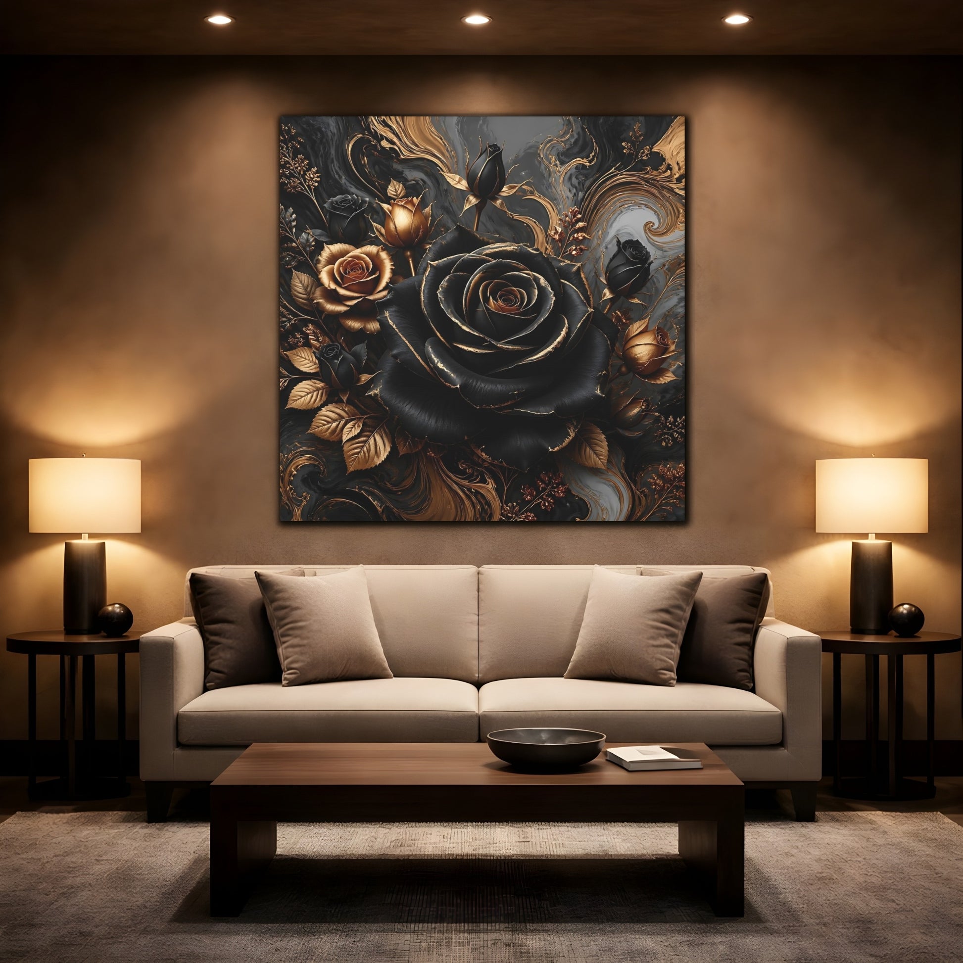 Mockup 2. Floral Roses Black Gold Floral shown as stretched canvas wall art