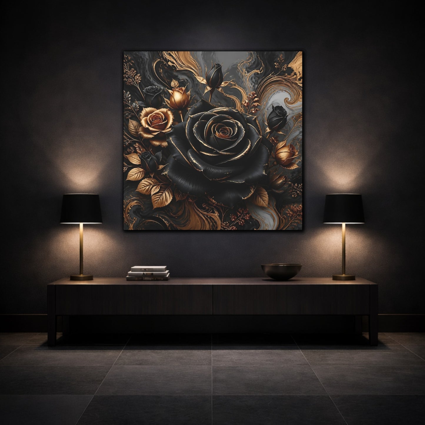 Mockup 3. Floral Roses Black Gold Floral shown as stretched canvas wall art