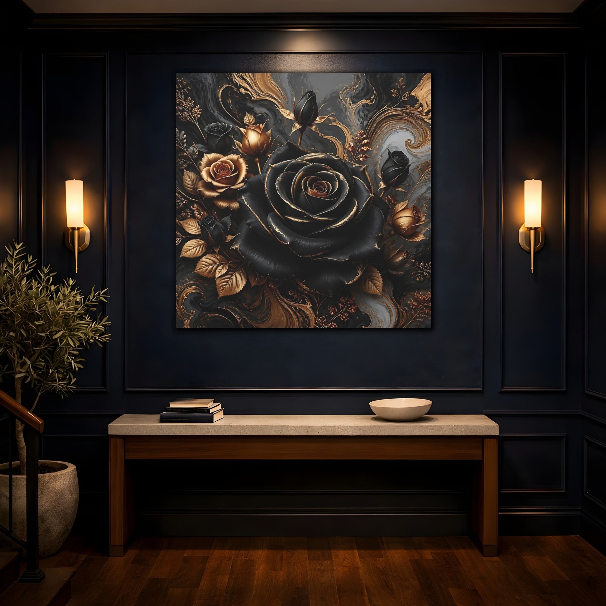 Mockup 4. Floral Roses Black Gold Floral shown as stretched canvas wall art