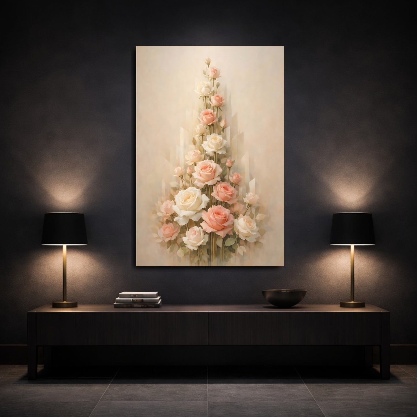 Mockup 2. Floral Roses Bouquet Pastel Floral shown as stretched canvas wall art