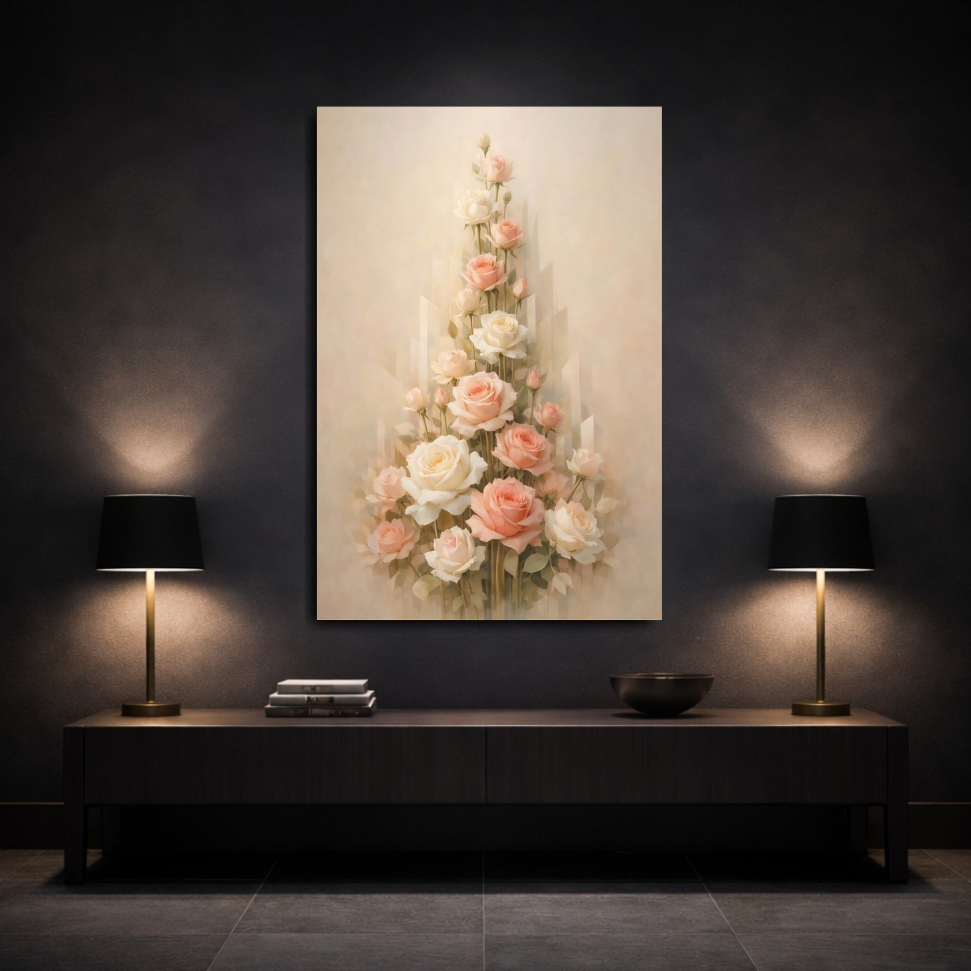 Mockup 2. Floral Roses Bouquet Pastel Floral shown as stretched canvas wall art