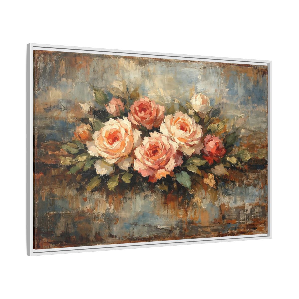 Side Mockup 7. Floral Roses Bouquet Pink Blue Roses shown as stretched canvas wall art