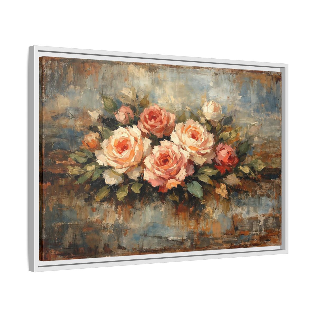 Side Mockup 10. Floral Roses Bouquet Pink Blue Roses shown as stretched canvas wall art