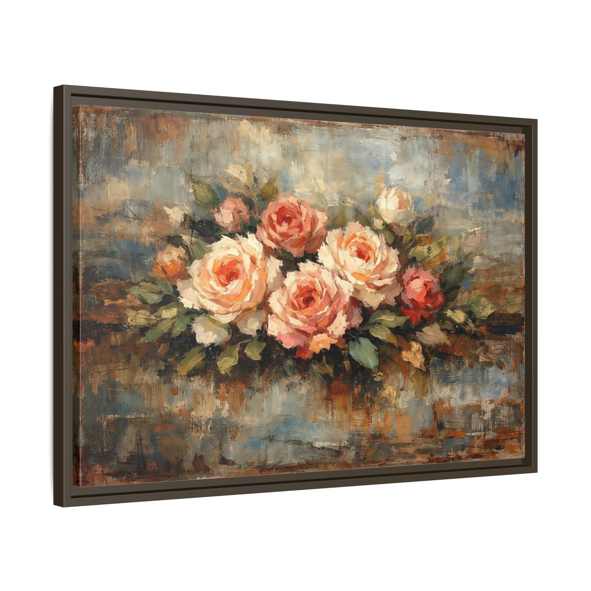 Side Mockup 11. Floral Roses Bouquet Pink Blue Roses shown as stretched canvas wall art
