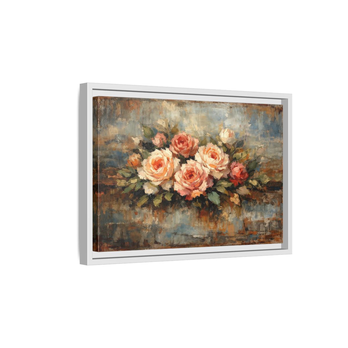 Side Mockup 4. Floral Roses Bouquet Pink Blue Roses shown as stretched canvas wall art