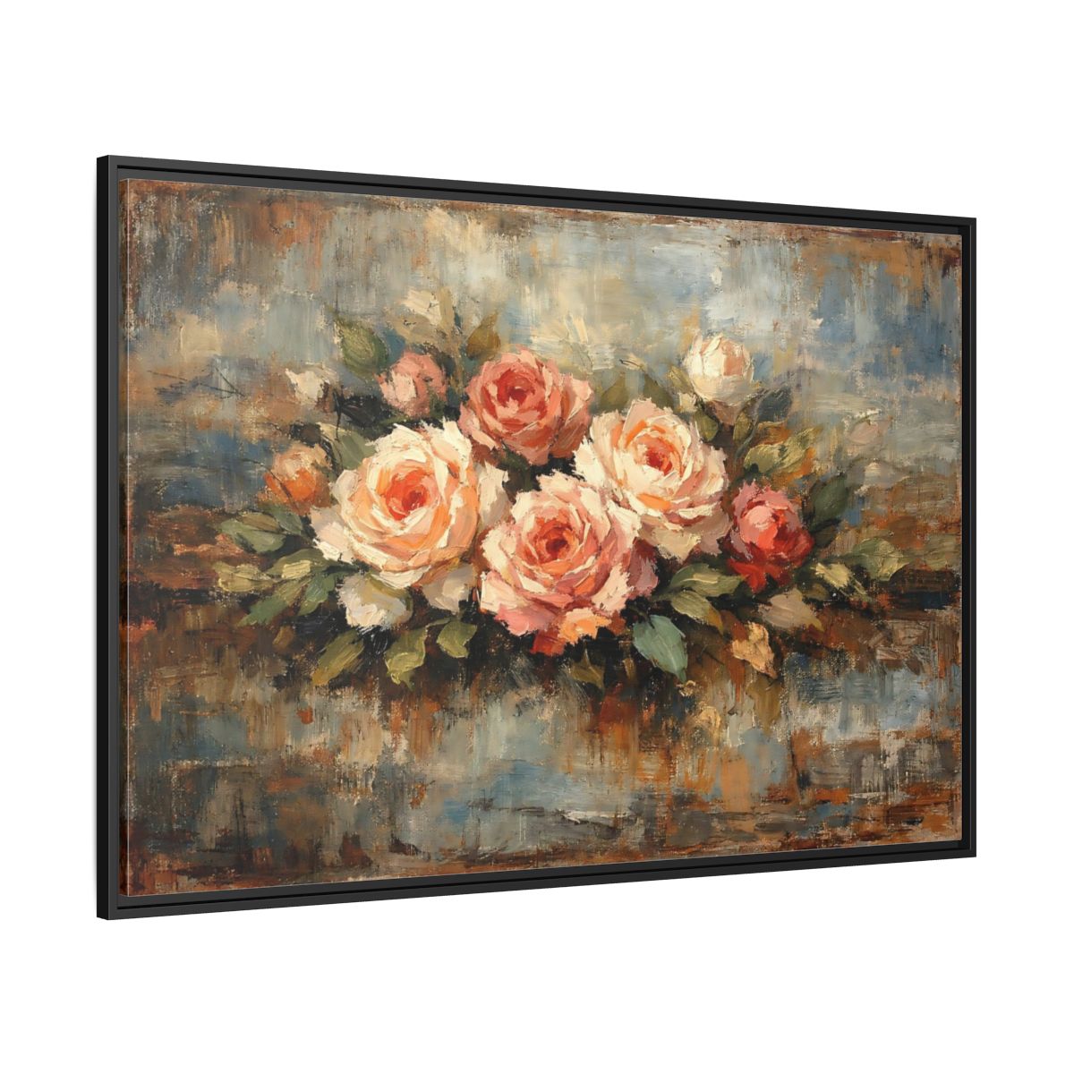 Side Mockup 12. Floral Roses Bouquet Pink Blue Roses shown as stretched canvas wall art