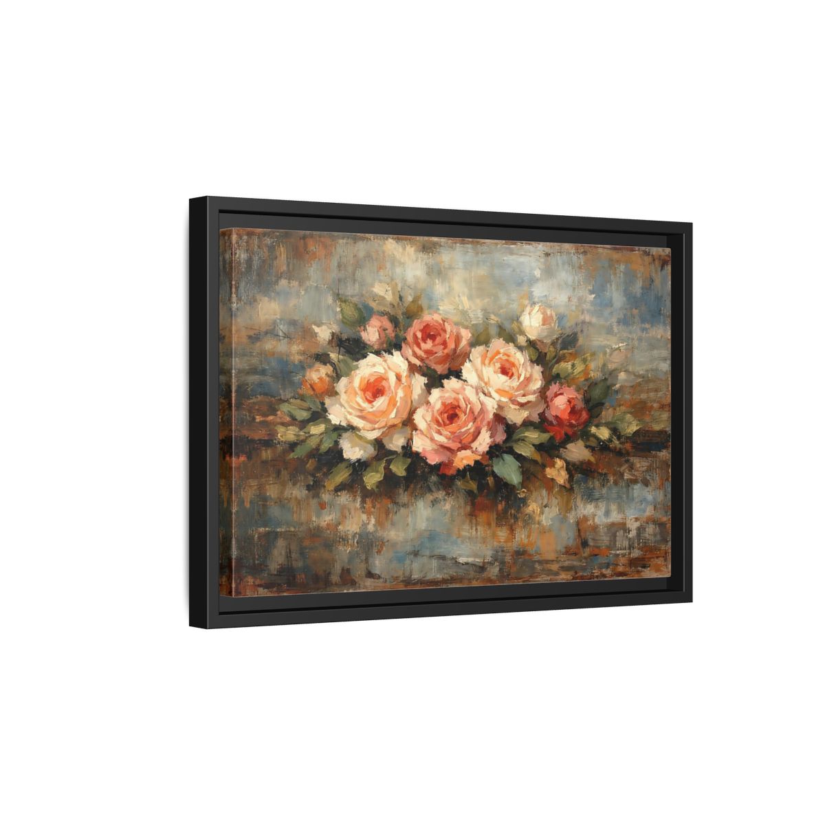 Side Mockup 6. Floral Roses Bouquet Pink Blue Roses shown as stretched canvas wall art