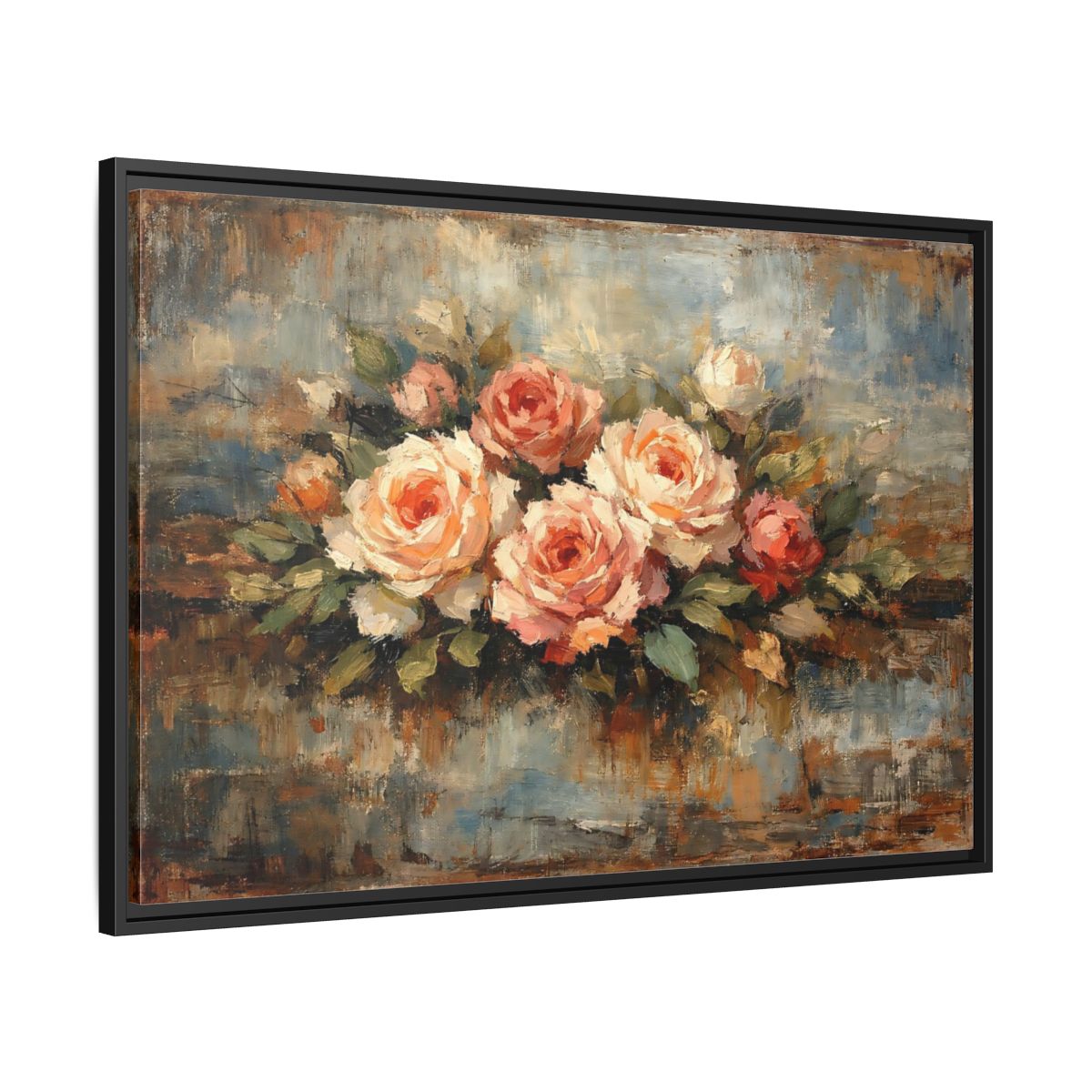 Side Mockup 13. Floral Roses Bouquet Pink Blue Roses shown as stretched canvas wall art