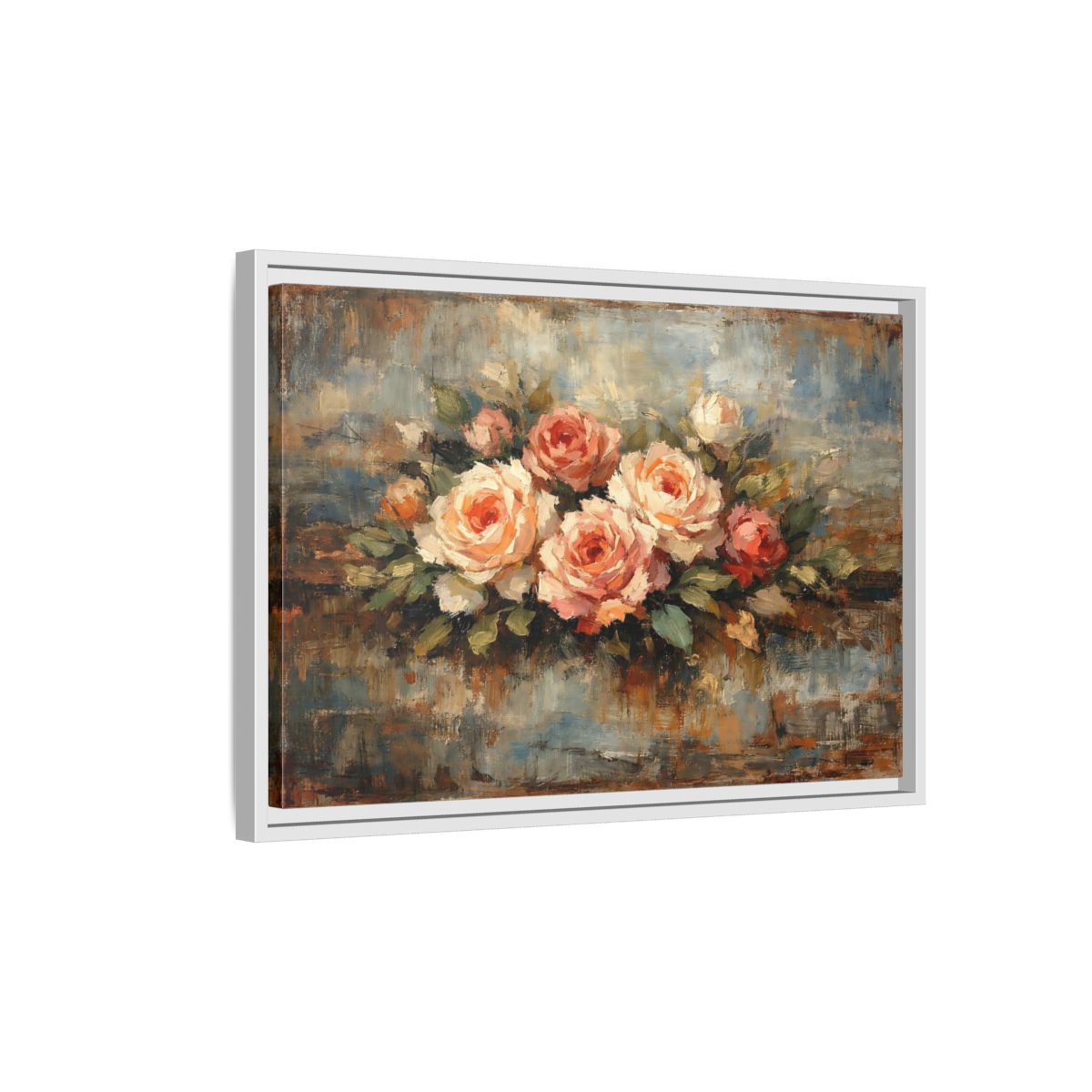 Side Mockup 1. Floral Roses Bouquet Pink Blue Roses shown as stretched canvas wall art