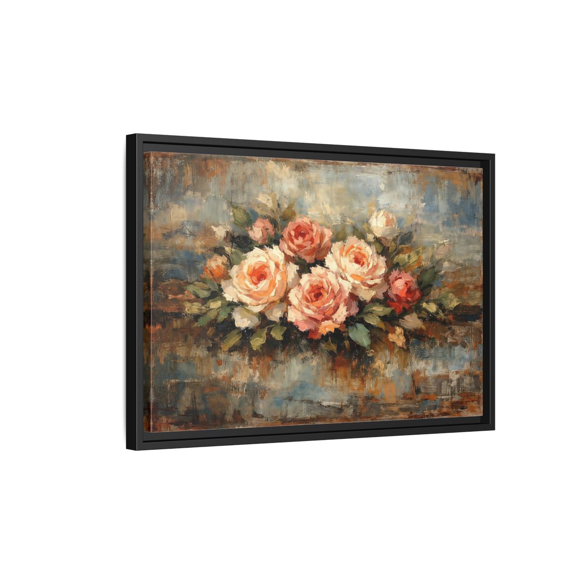 Side Mockup 3. Floral Roses Bouquet Pink Blue Roses shown as stretched canvas wall art