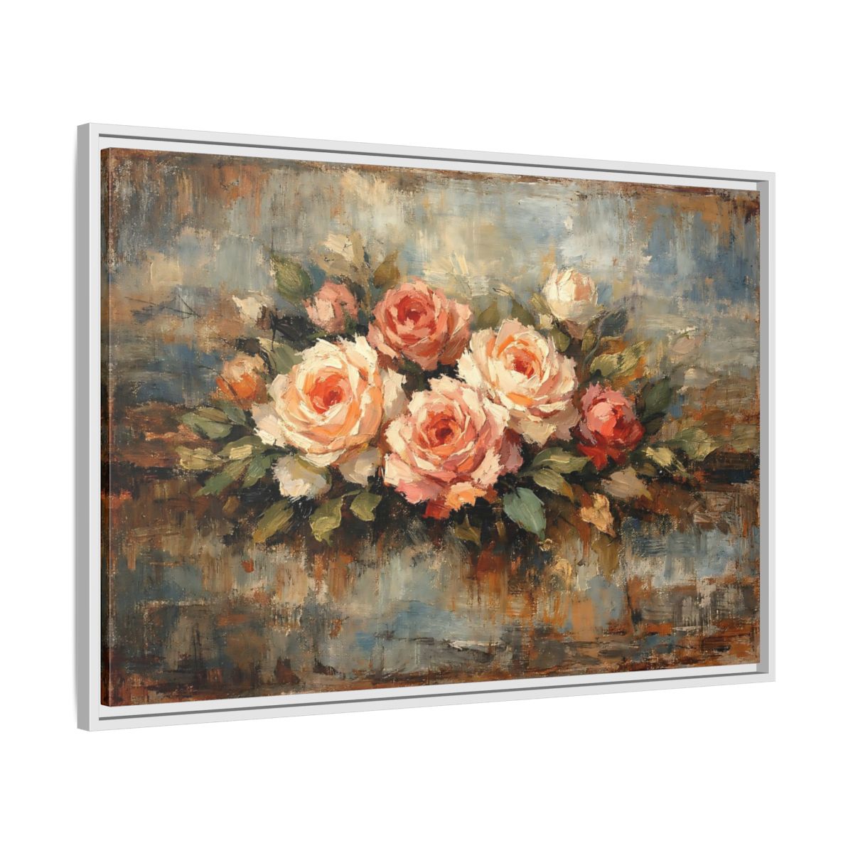 Side Mockup 8. Floral Roses Bouquet Pink Blue Roses shown as stretched canvas wall art