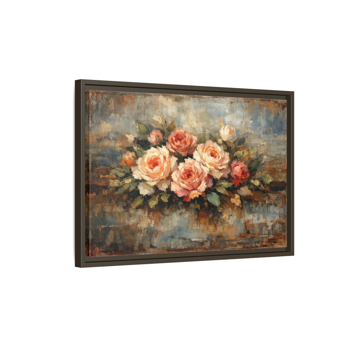 Side Mockup 2. Floral Roses Bouquet Pink Blue Roses shown as stretched canvas wall art