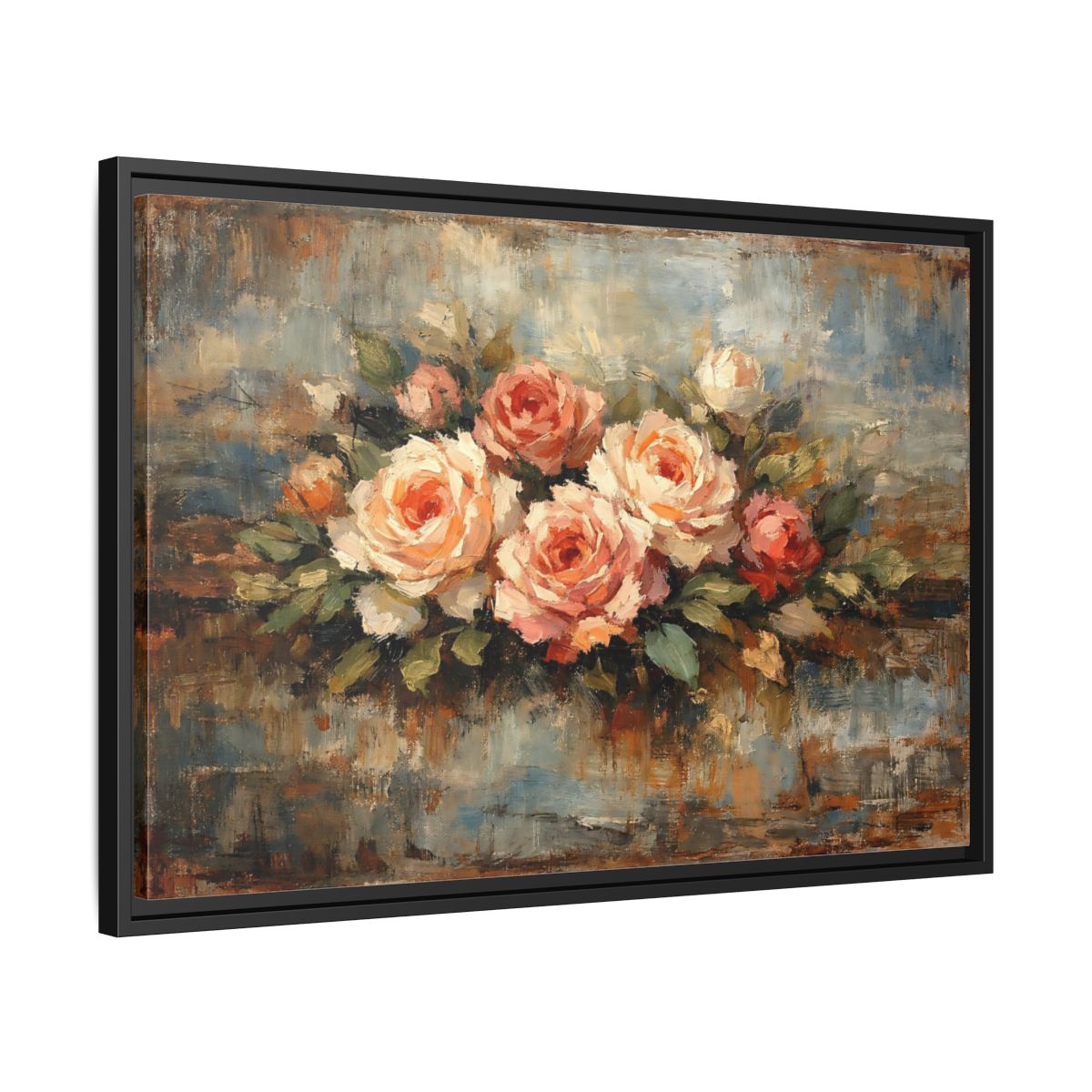 Side Mockup 14. Floral Roses Bouquet Pink Blue Roses shown as stretched canvas wall art