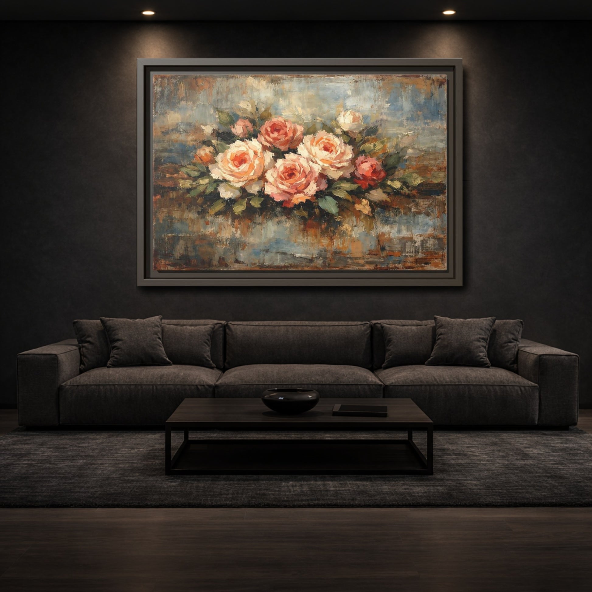 Mockup 2. Floral Roses Bouquet Pink Blue Roses shown as stretched canvas wall art