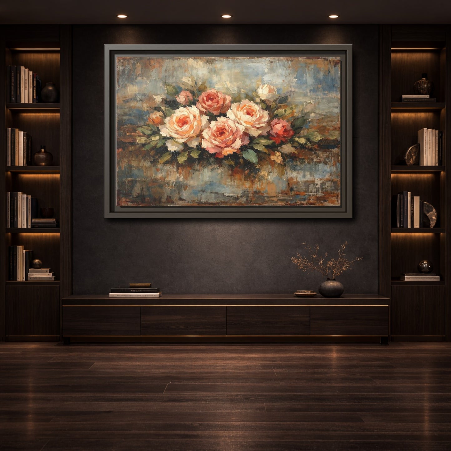 Mockup 3. Floral Roses Bouquet Pink Blue Roses shown as stretched canvas wall art