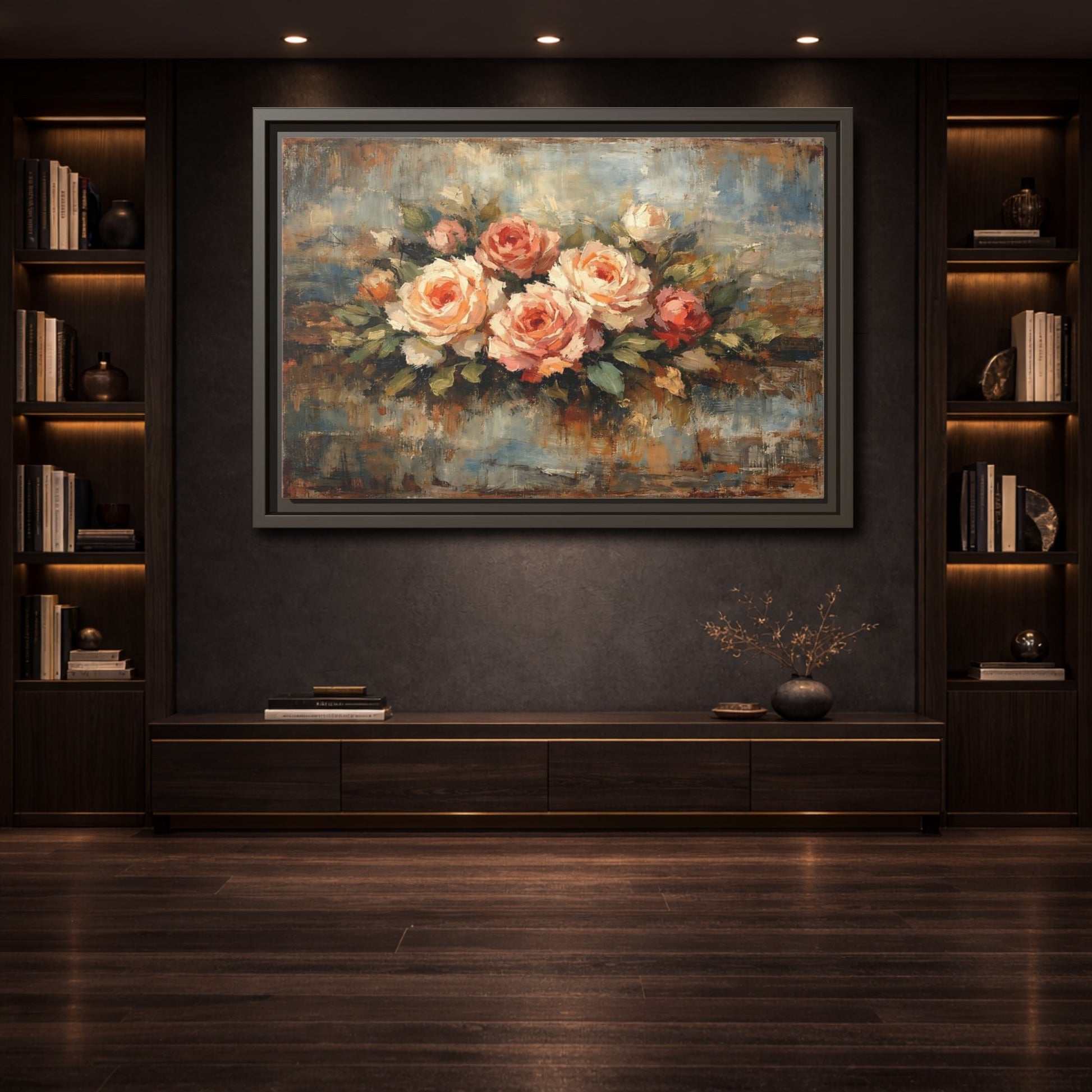 Mockup 3. Floral Roses Bouquet Pink Blue Roses shown as stretched canvas wall art