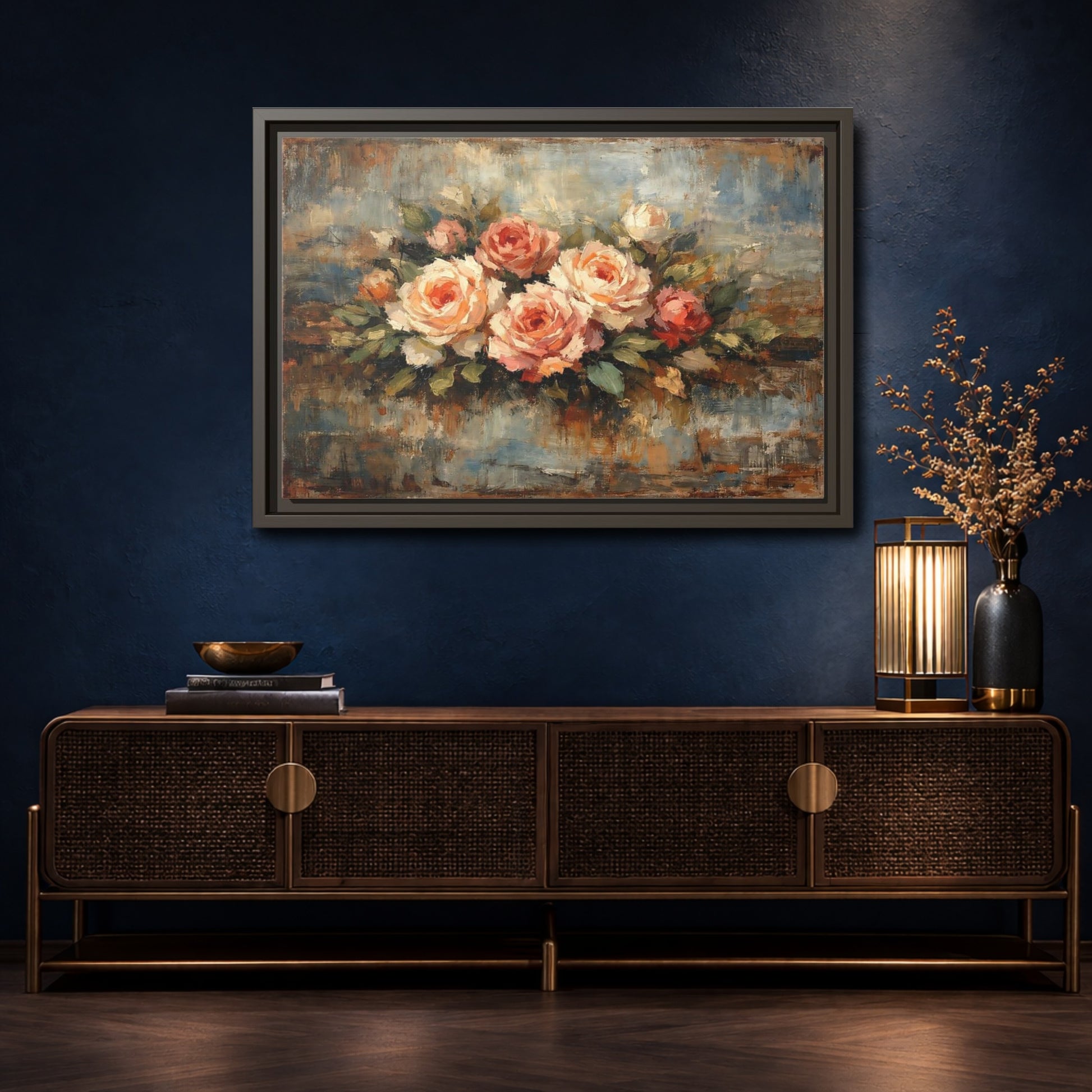 Mockup 4. Floral Roses Bouquet Pink Blue Roses shown as stretched canvas wall art