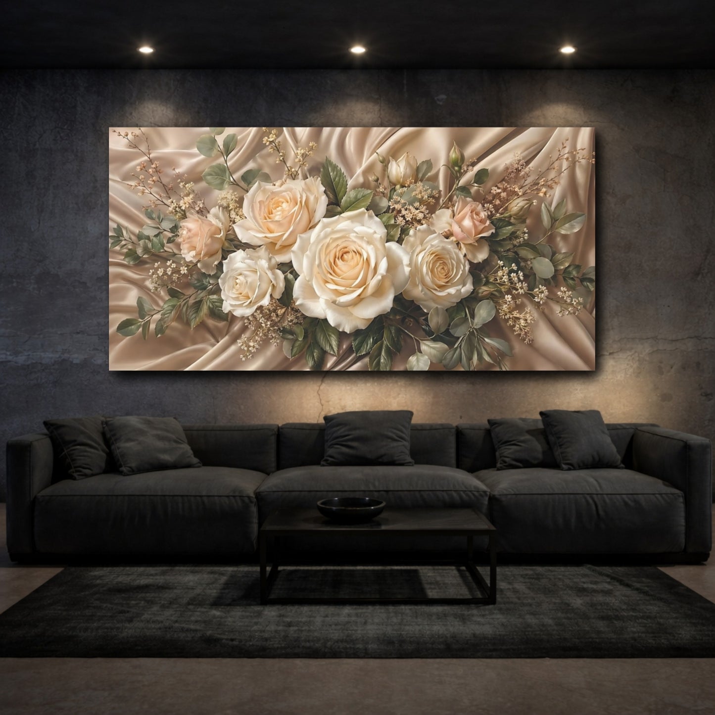 Mockup 2. Floral Roses Champagne Roses shown as stretched canvas wall art