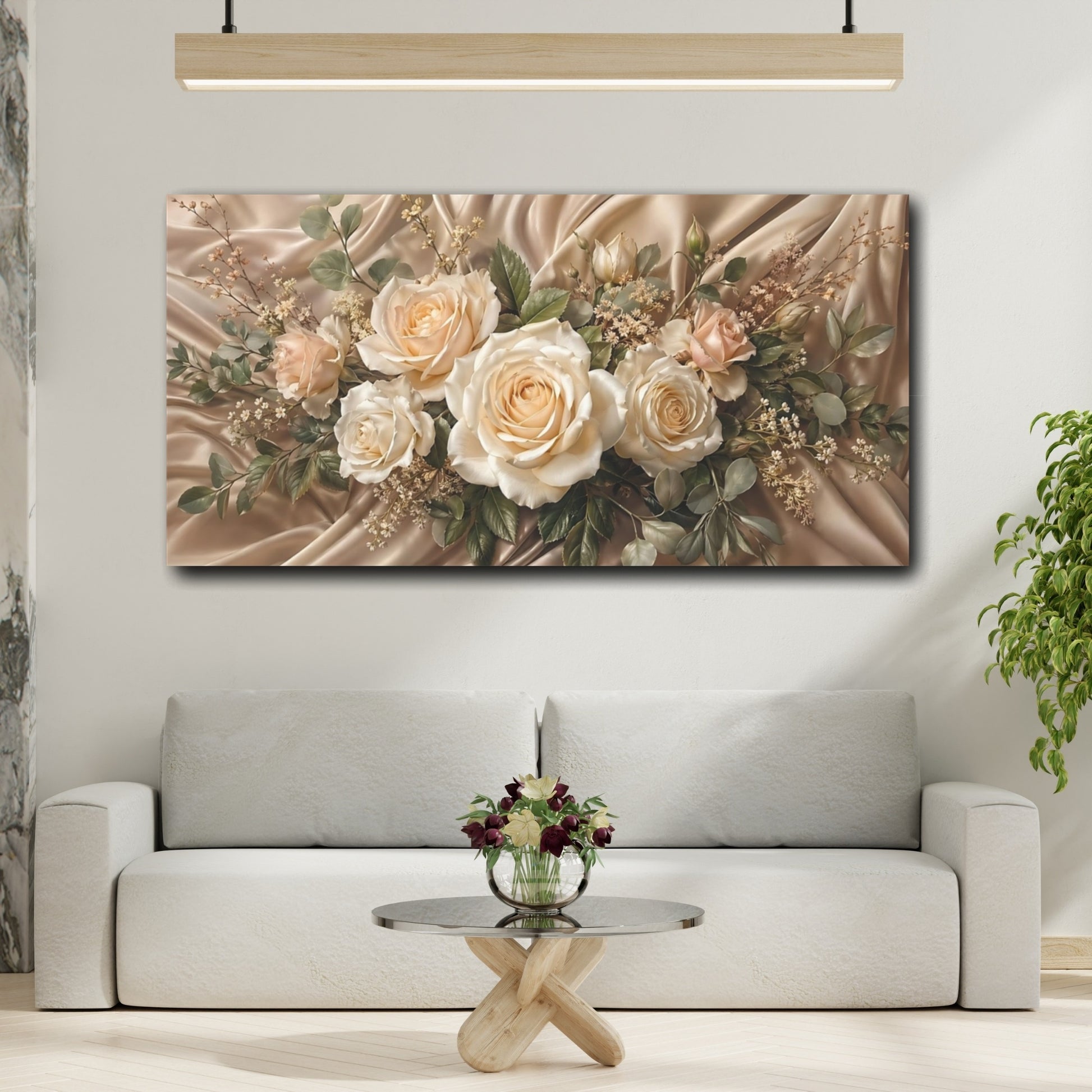 Mockup 3. Floral Roses Champagne Roses shown as stretched canvas wall art