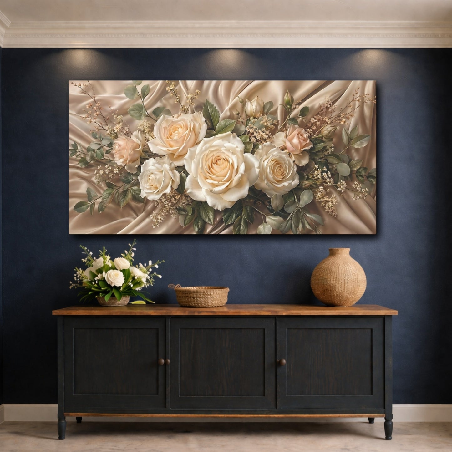 Mockup 4. Floral Roses Champagne Roses shown as stretched canvas wall art