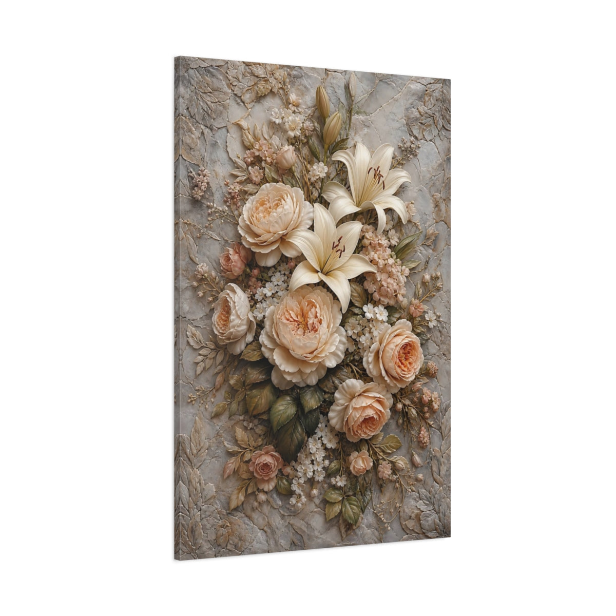 Side Mockup 1. Floral Roses Lilies Cream And Grey Floral shown as stretched canvas wall art