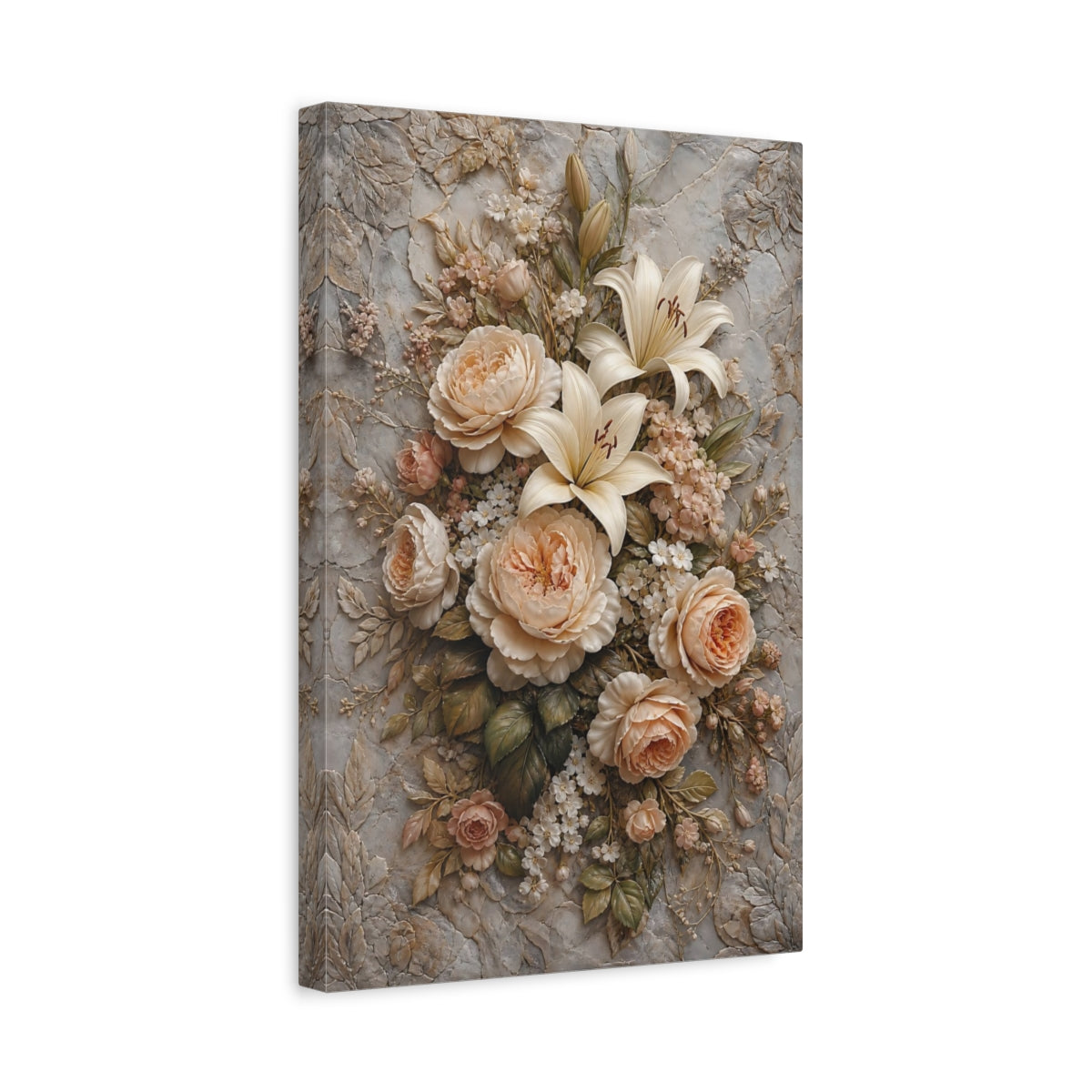 Side Mockup 4. Floral Roses Lilies Cream And Grey Floral shown as stretched canvas wall art