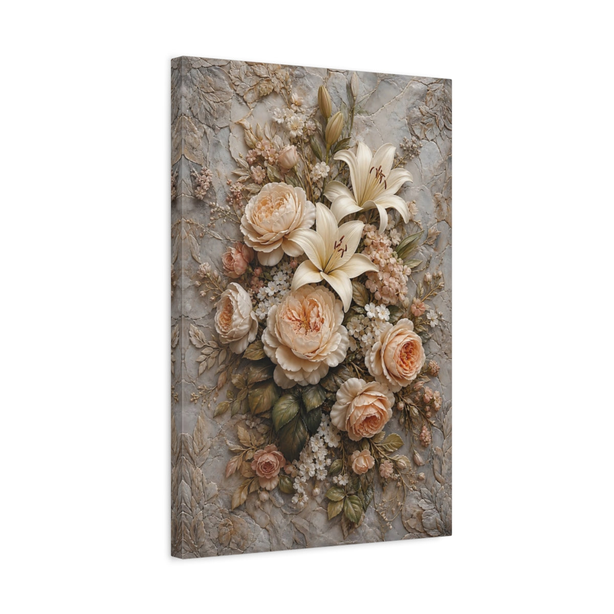 Side Mockup 3. Floral Roses Lilies Cream And Grey Floral shown as stretched canvas wall art