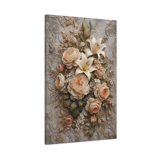 Main Mockup. Floral Roses Lilies Cream And Grey Floral shown as stretched canvas wall art