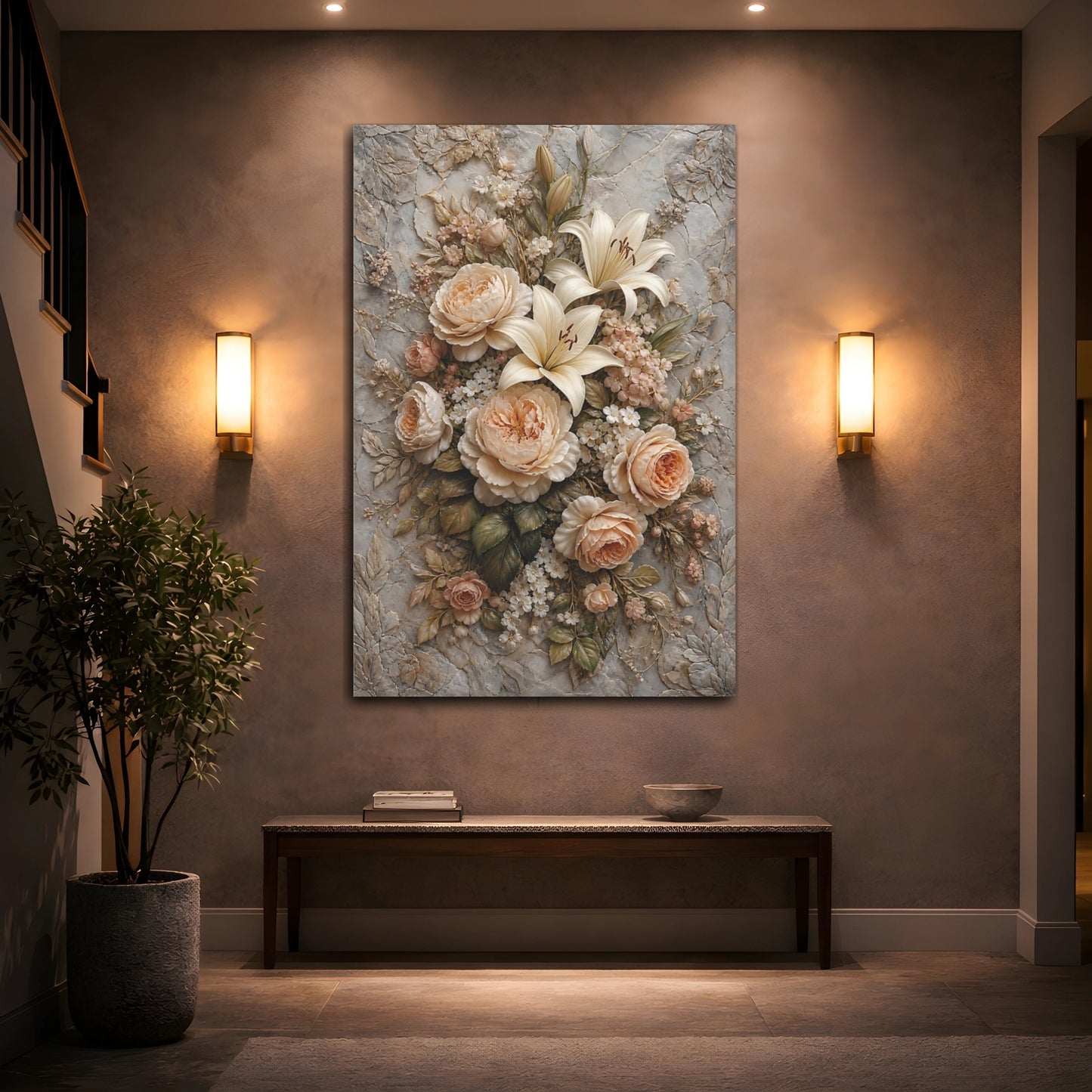 Mockup 2. Floral Roses Lilies Cream And Grey Floral shown as stretched canvas wall art