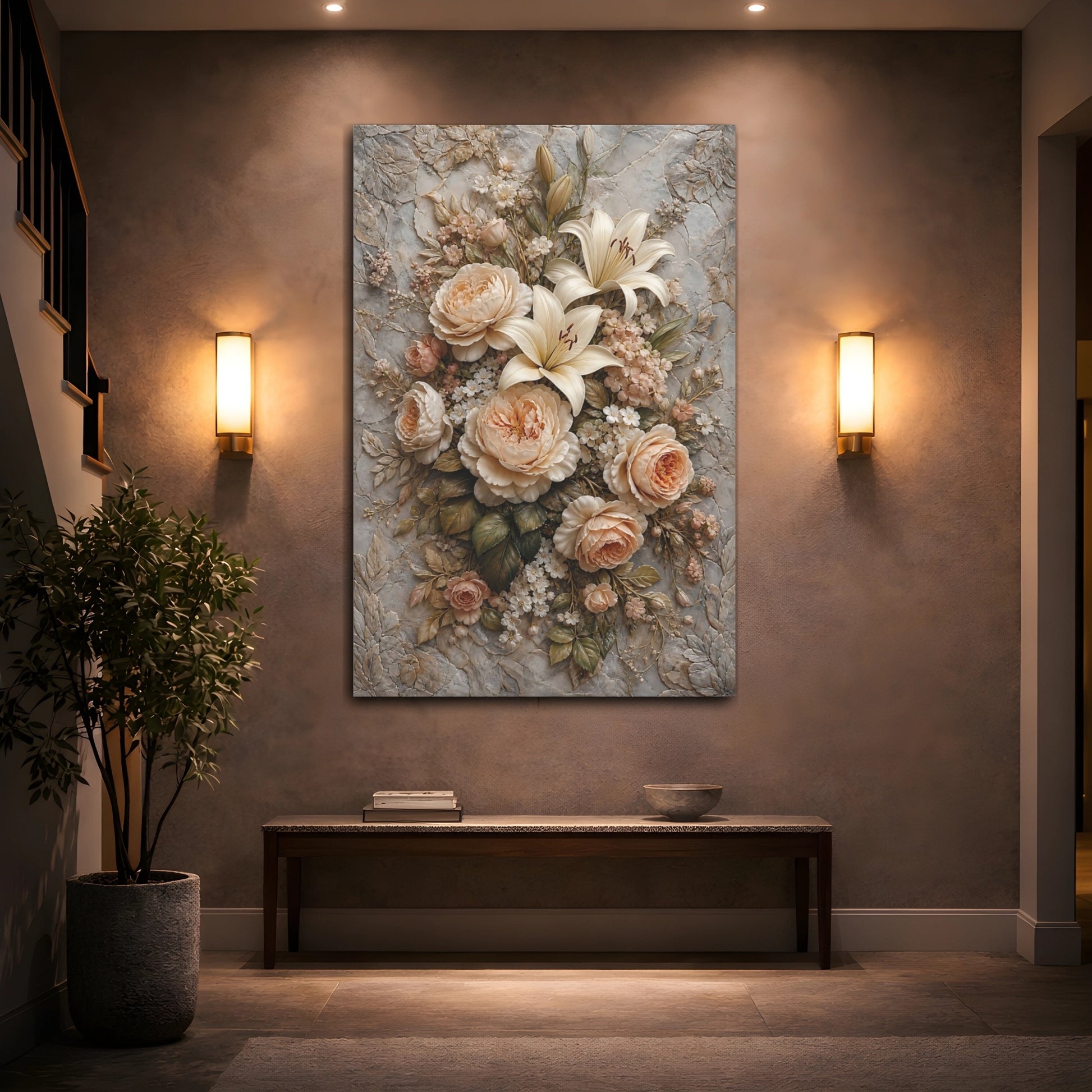 Mockup 2. Floral Roses Lilies Cream And Grey Floral shown as stretched canvas wall art