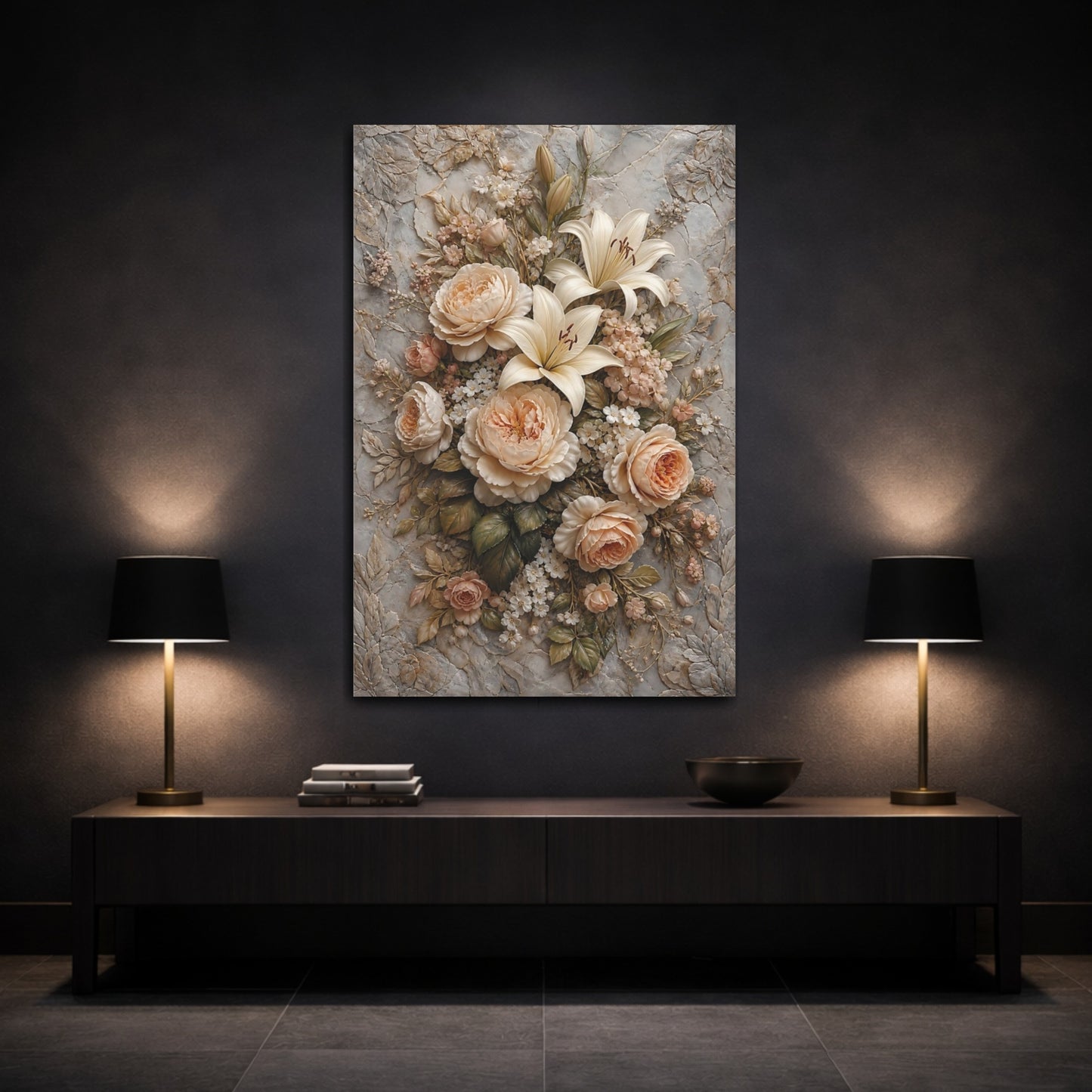 Mockup 3. Floral Roses Lilies Cream And Grey Floral shown as stretched canvas wall art