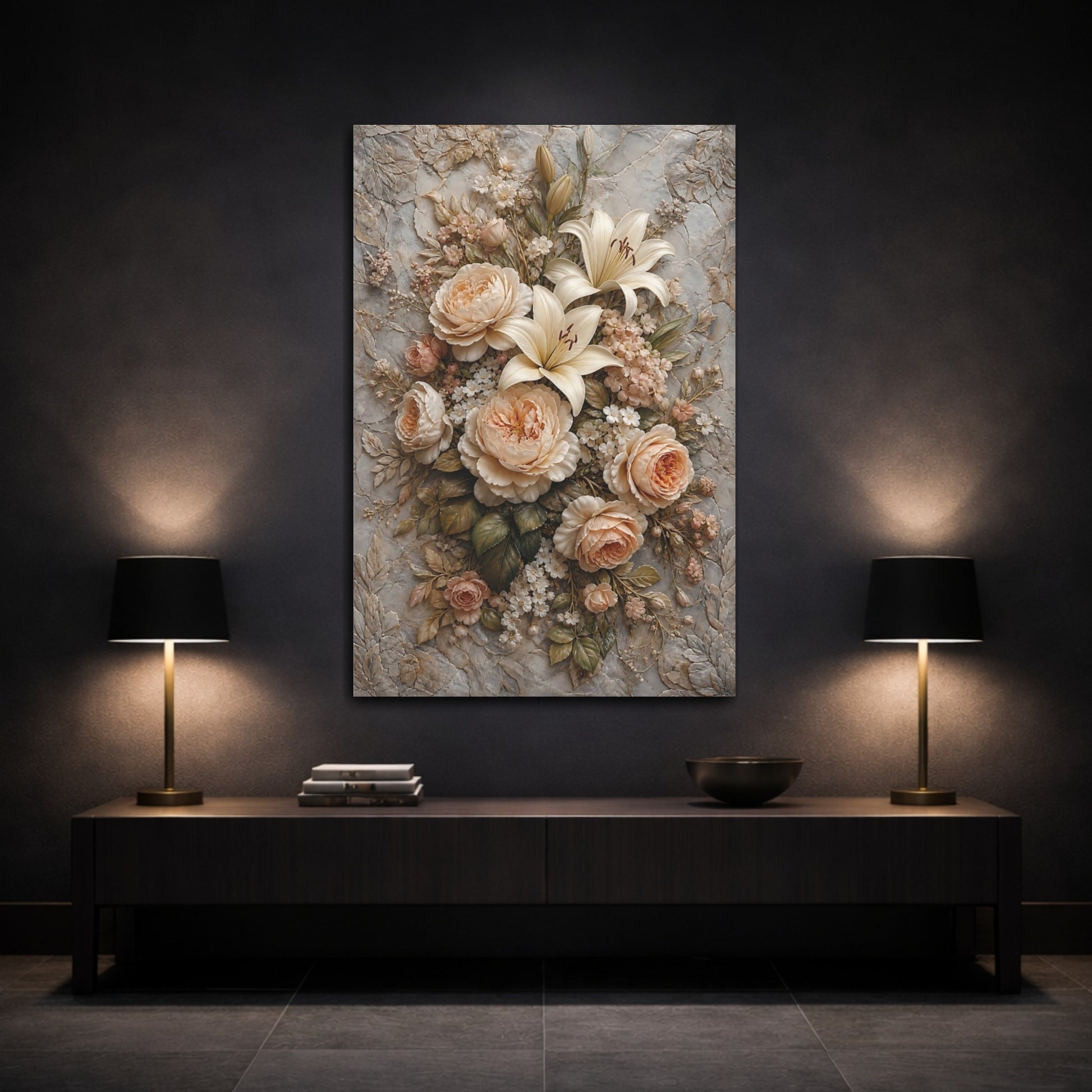 Mockup 3. Floral Roses Lilies Cream And Grey Floral shown as stretched canvas wall art