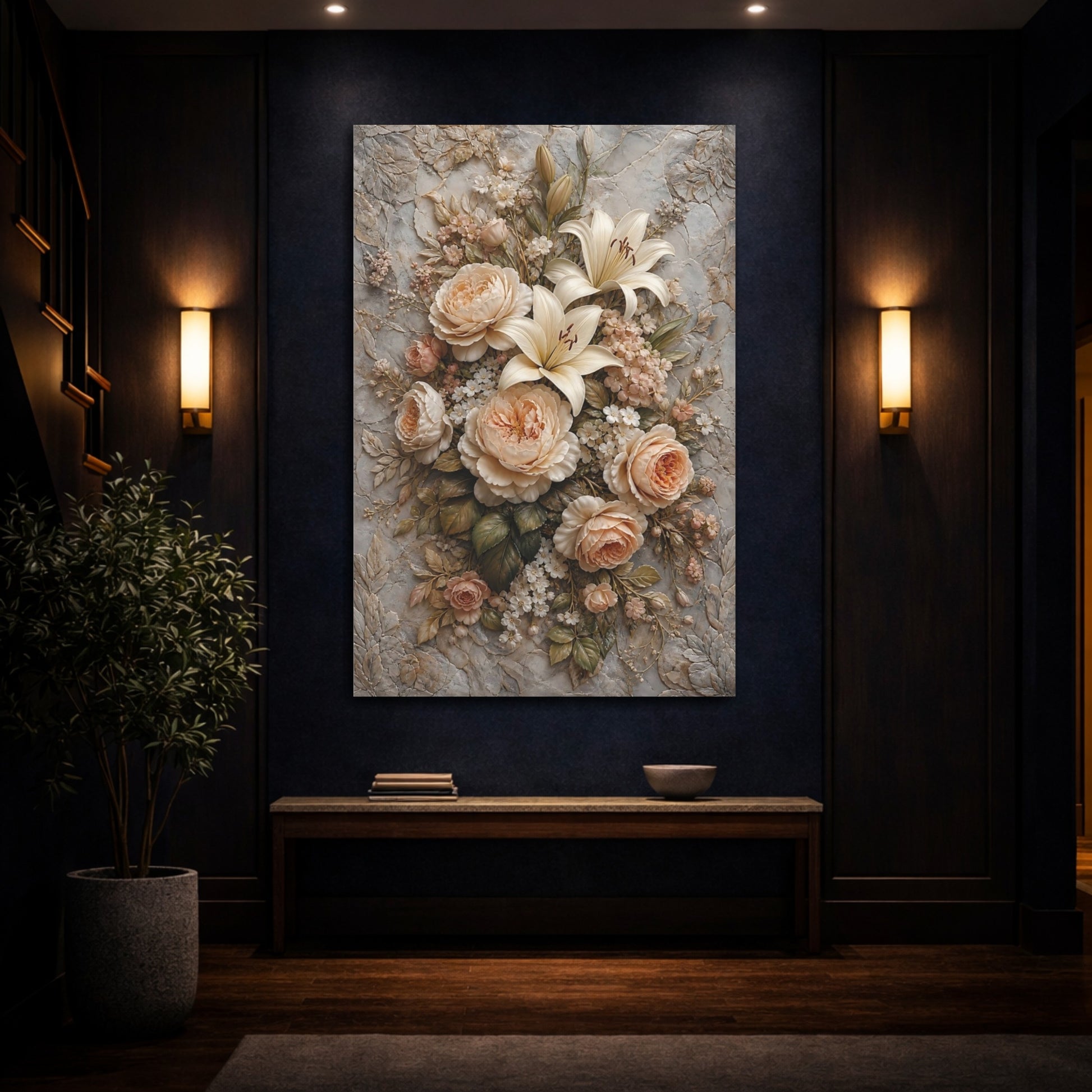 Mockup 4. Floral Roses Lilies Cream And Grey Floral shown as stretched canvas wall art